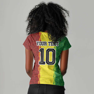 Custom Senegal National Football Women V-Neck T-Shirt Lions Of Teranga Leopard Print Tribal Flag Graphic