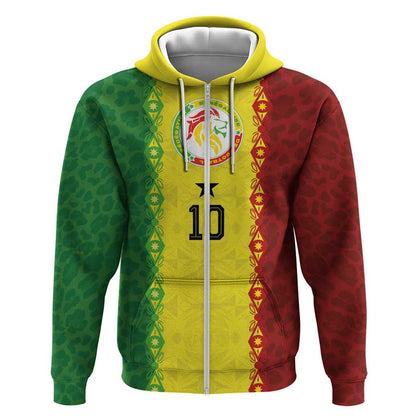 Custom Senegal National Football Zip Hoodie Lions Of Teranga Leopard Print Tribal Flag Graphic