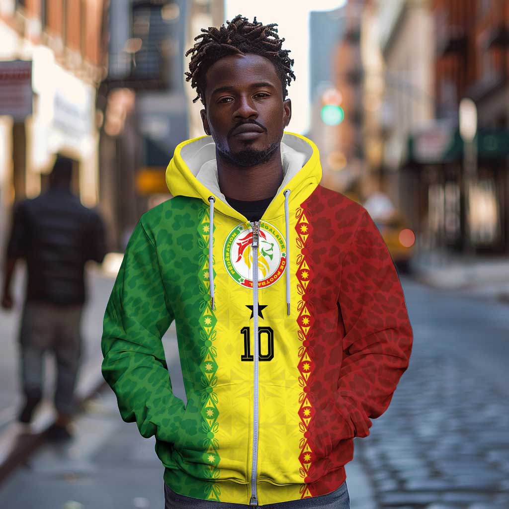 Custom Senegal National Football Zip Hoodie Lions Of Teranga Leopard Print Tribal Flag Graphic