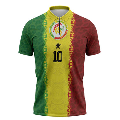 Custom Senegal National Football Zipper Polo Shirt Lions Of Teranga Leopard Print Tribal Flag Graphic