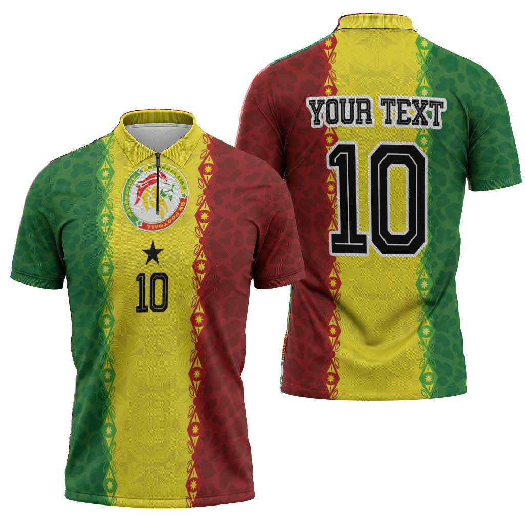 Custom Senegal National Football Zipper Polo Shirt Lions Of Teranga Leopard Print Tribal Flag Graphic