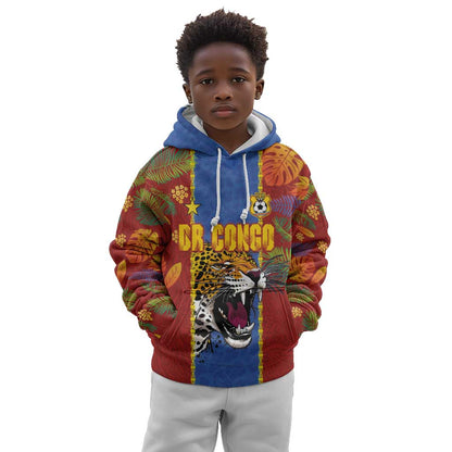 Custom DR Congo National Football Kid Hoodie The Leopards Tropical Jungle Leaf Botanical Art