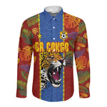 Custom DR Congo National Football Long Sleeve Button Shirt The Leopards Tropical Jungle Leaf Botanical Art