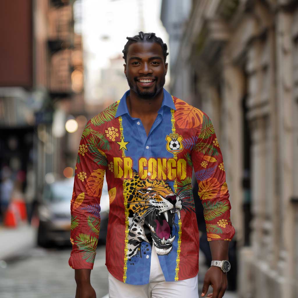 Custom DR Congo National Football Long Sleeve Button Shirt The Leopards Tropical Jungle Leaf Botanical Art