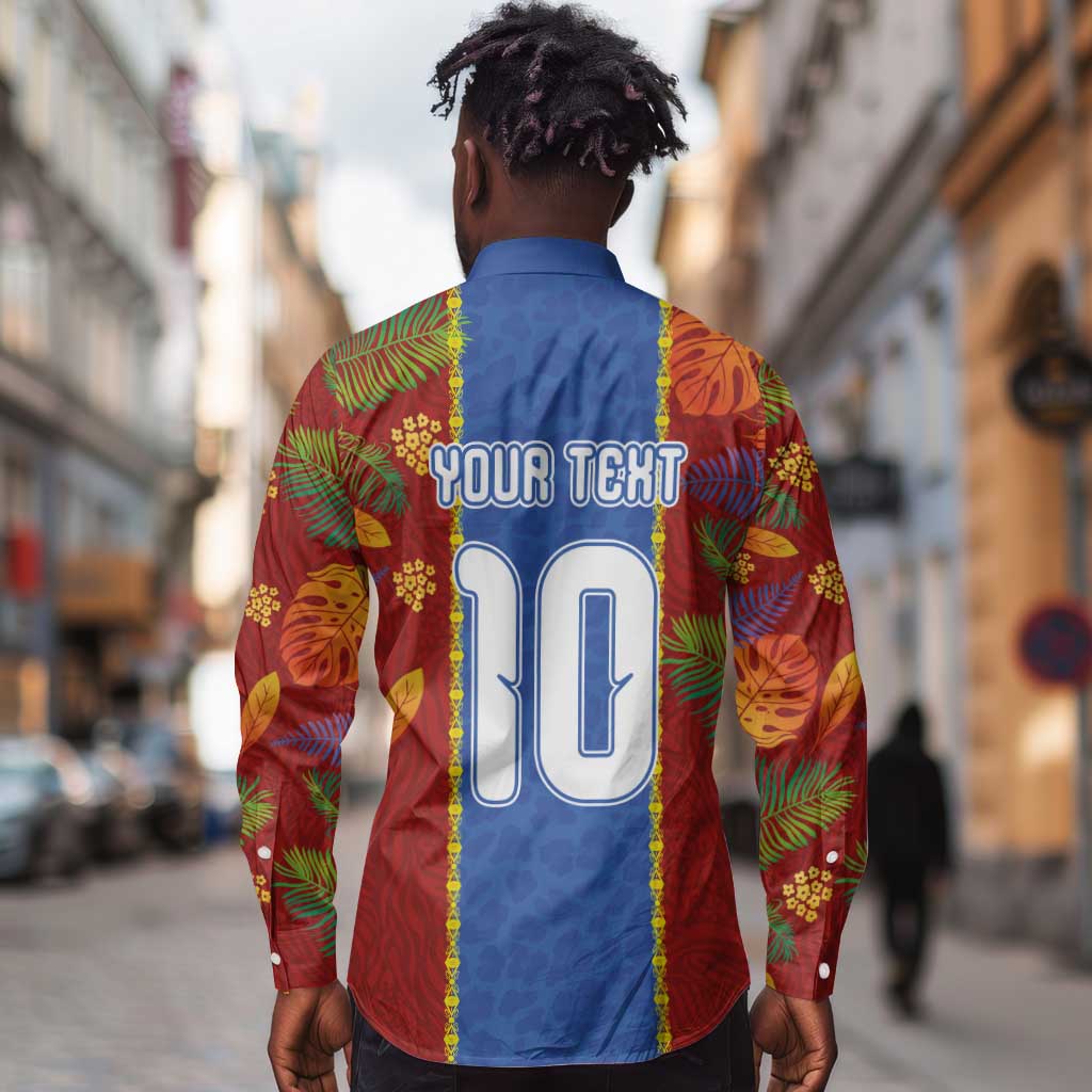 Custom DR Congo National Football Long Sleeve Button Shirt The Leopards Tropical Jungle Leaf Botanical Art