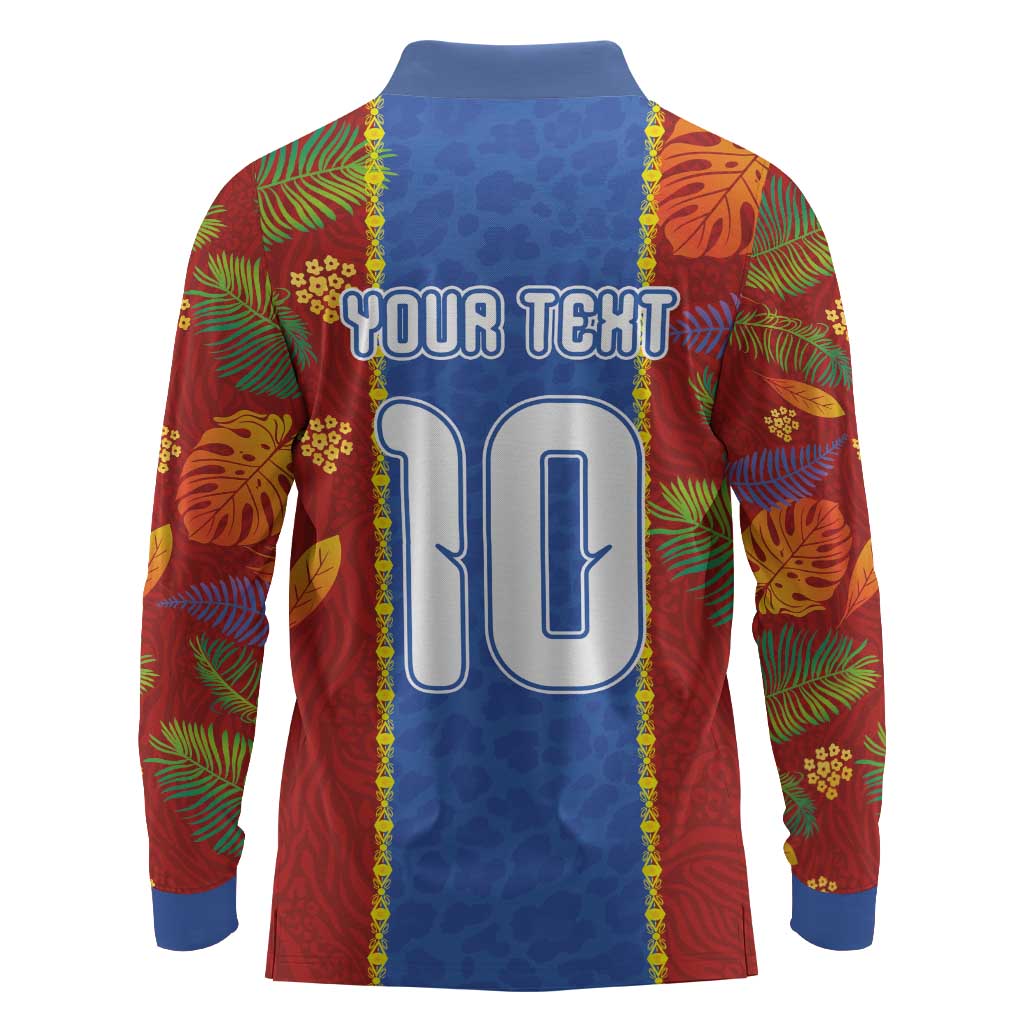 Custom DR Congo National Football Long Sleeve Polo Shirt The Leopards Tropical Jungle Leaf Botanical Art
