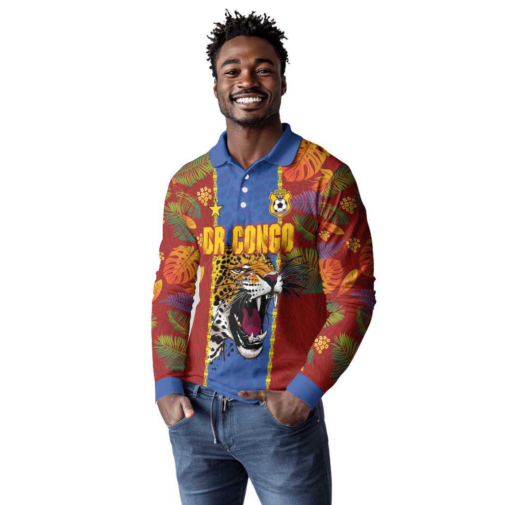 Custom DR Congo National Football Long Sleeve Polo Shirt The Leopards Tropical Jungle Leaf Botanical Art