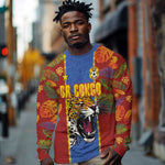 Custom DR Congo National Football Long Sleeve Shirt The Leopards Tropical Jungle Leaf Botanical Art
