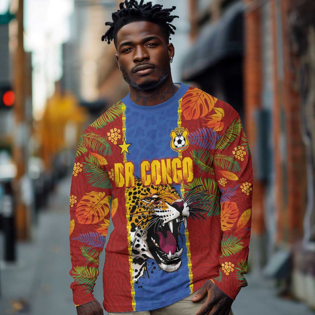 Custom DR Congo National Football Long Sleeve Shirt The Leopards Tropical Jungle Leaf Botanical Art