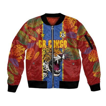 Custom DR Congo National Football Sleeve Zip Bomber Jacket The Leopards Tropical Jungle Leaf Botanical Art