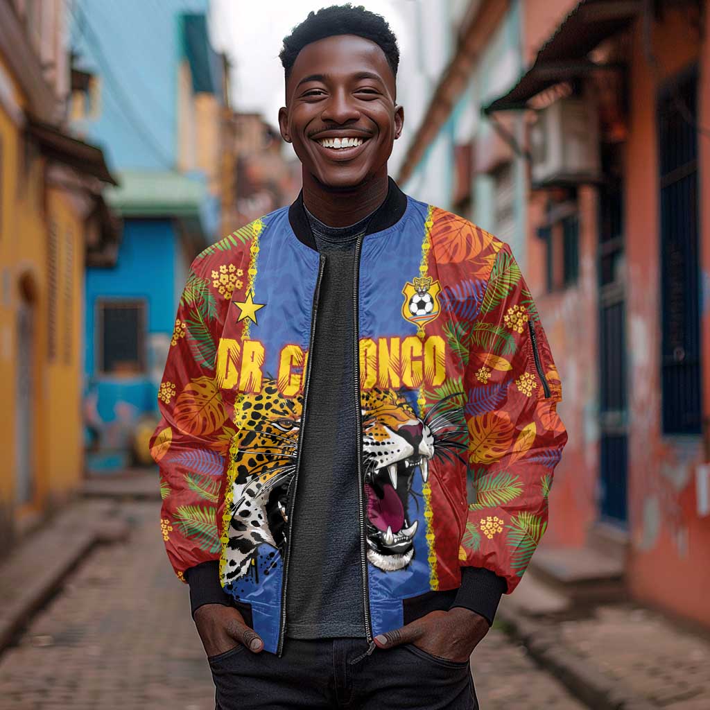 Custom DR Congo National Football Sleeve Zip Bomber Jacket The Leopards Tropical Jungle Leaf Botanical Art