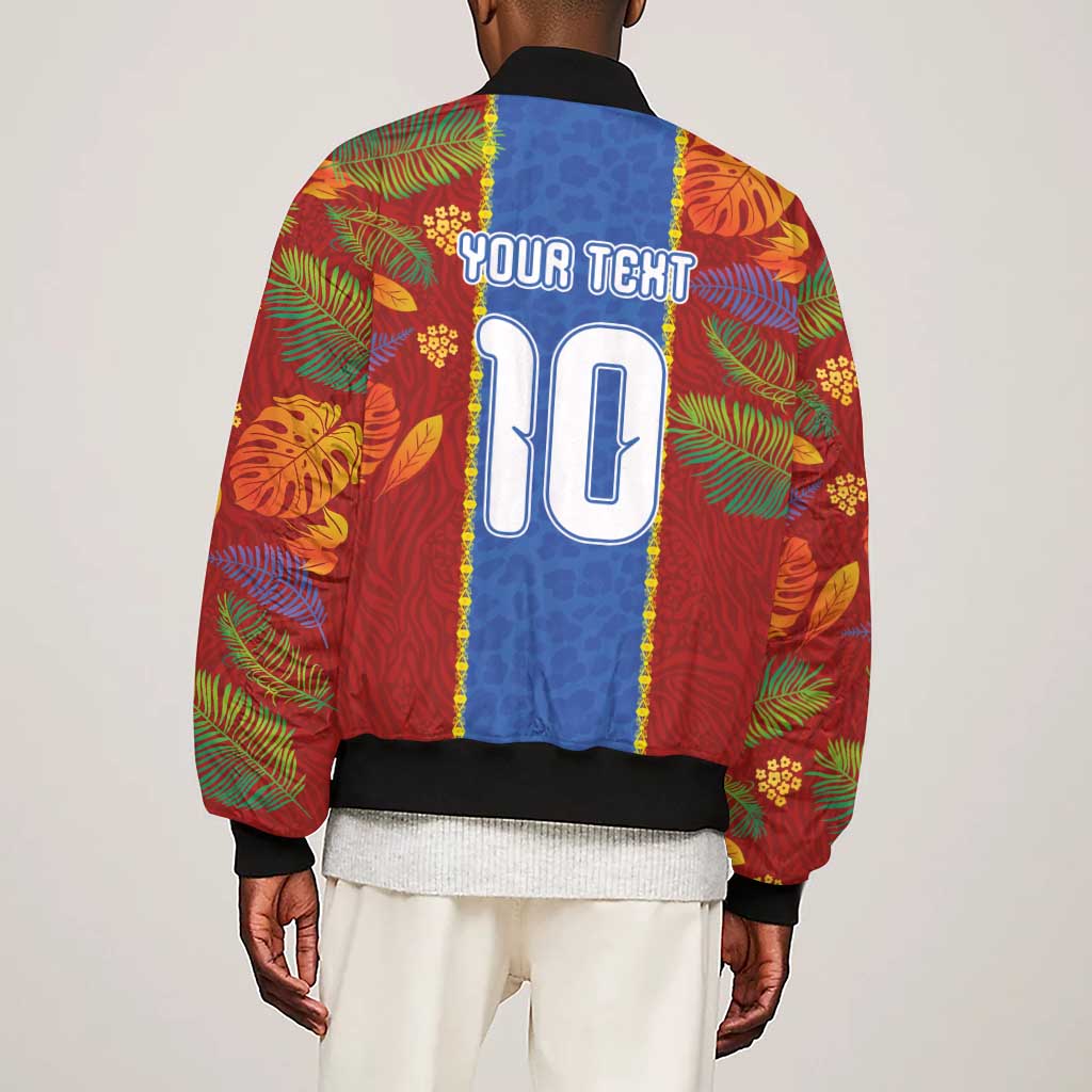Custom DR Congo National Football Sleeve Zip Bomber Jacket The Leopards Tropical Jungle Leaf Botanical Art