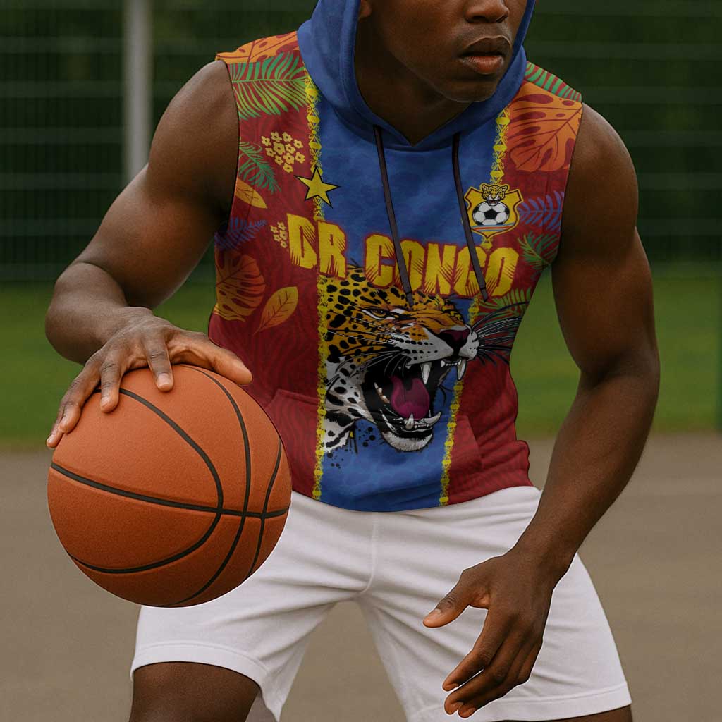 Custom DR Congo National Football Sleeveless Hoodie The Leopards Tropical Jungle Leaf Botanical Art