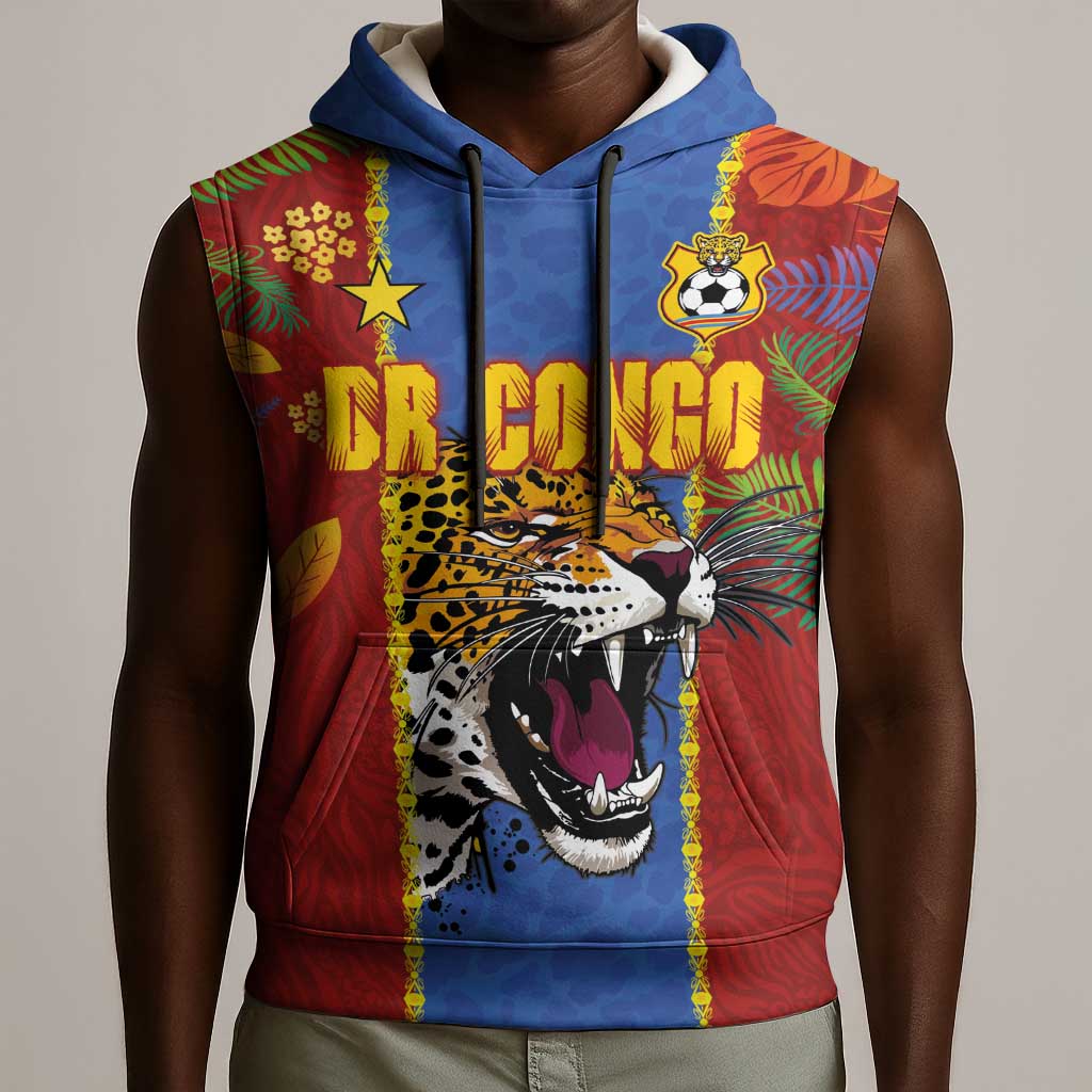 Custom DR Congo National Football Sleeveless Hoodie The Leopards Tropical Jungle Leaf Botanical Art