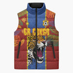 Custom DR Congo National Football Sleeveless Puffer Jacket The Leopards Tropical Jungle Leaf Botanical Art