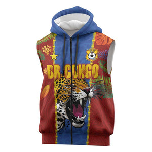 Custom DR Congo National Football Sleeveless Zip Hoodie The Leopards Tropical Jungle Leaf Botanical Art