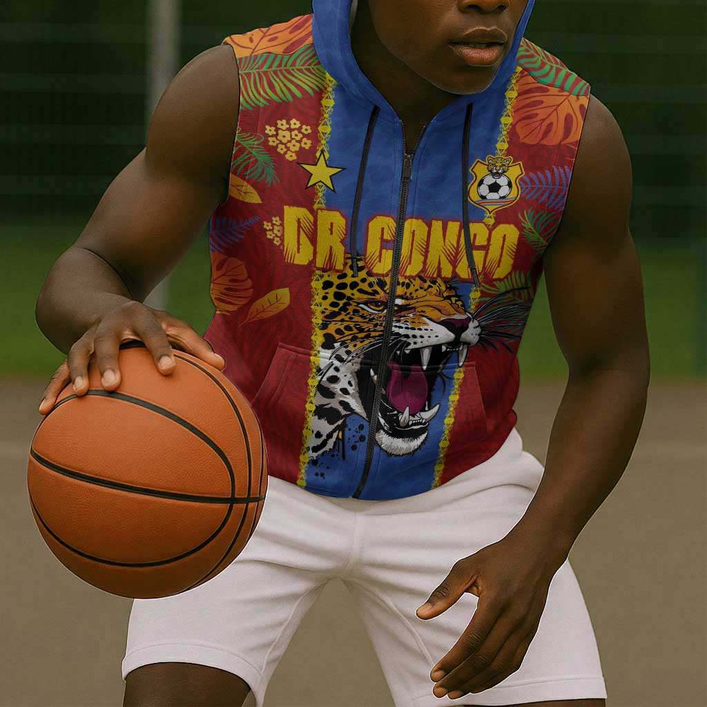 Custom DR Congo National Football Sleeveless Zip Hoodie The Leopards Tropical Jungle Leaf Botanical Art
