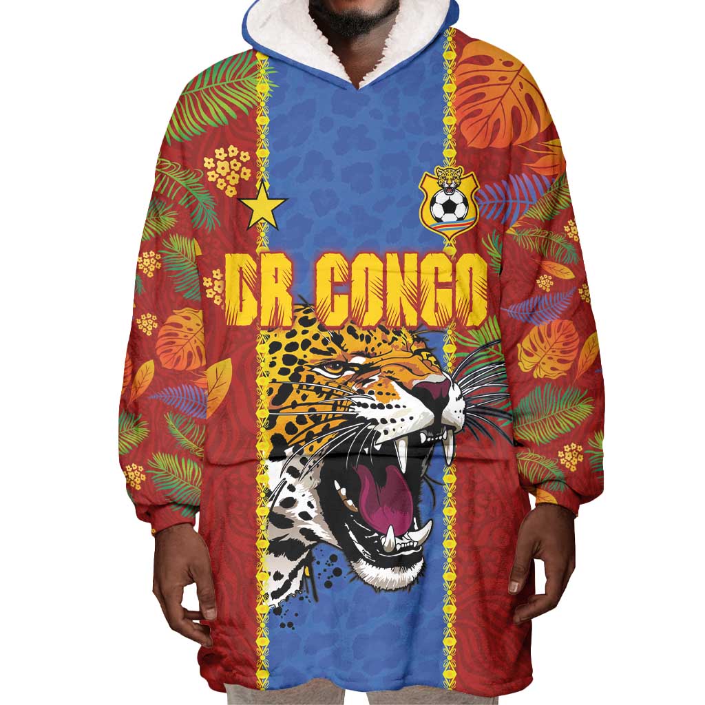 Custom DR Congo National Football Wearable Blanket Hoodie The Leopards Tropical Jungle Leaf Botanical Art