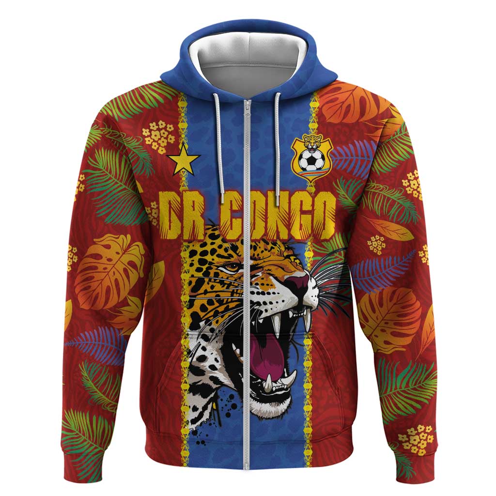 Custom DR Congo National Football Zip Hoodie The Leopards Tropical Jungle Leaf Botanical Art
