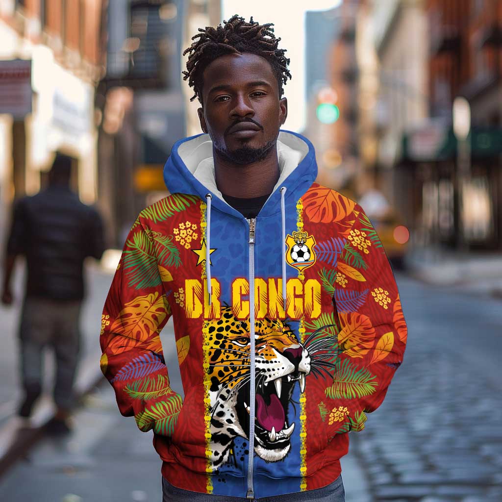 Custom DR Congo National Football Zip Hoodie The Leopards Tropical Jungle Leaf Botanical Art