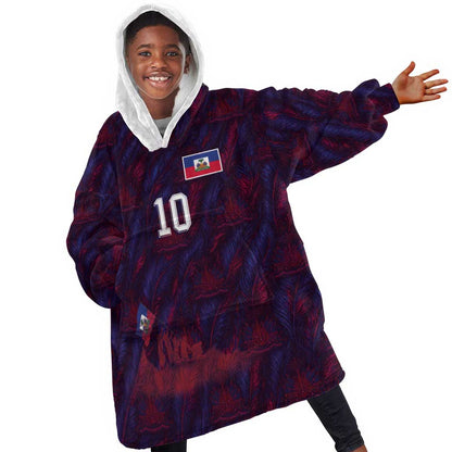 Custom Haiti National Football Kid Wearable Blanket Hoodie Les Grenadiers Feather Pattern Coat Of Arms Art