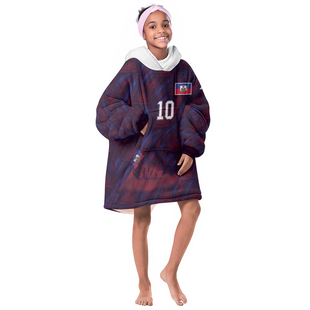 Custom Haiti National Football Kid Wearable Blanket Hoodie Les Grenadiers Feather Pattern Coat Of Arms Art