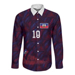 Custom Haiti National Football Long Sleeve Button Shirt Les Grenadiers Feather Pattern Coat Of Arms Art