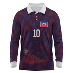 Custom Haiti National Football Long Sleeve Polo Shirt Les Grenadiers Feather Pattern Coat Of Arms Art