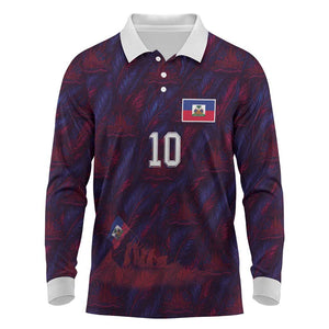 Custom Haiti National Football Long Sleeve Polo Shirt Les Grenadiers Feather Pattern Coat Of Arms Art