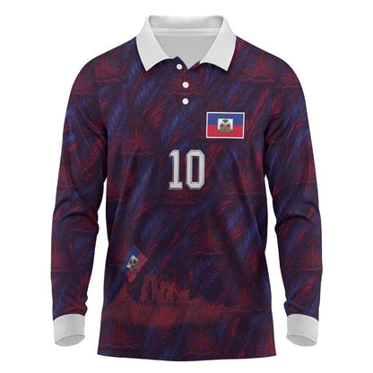 Custom Haiti National Football Long Sleeve Polo Shirt Les Grenadiers Feather Pattern Coat Of Arms Art
