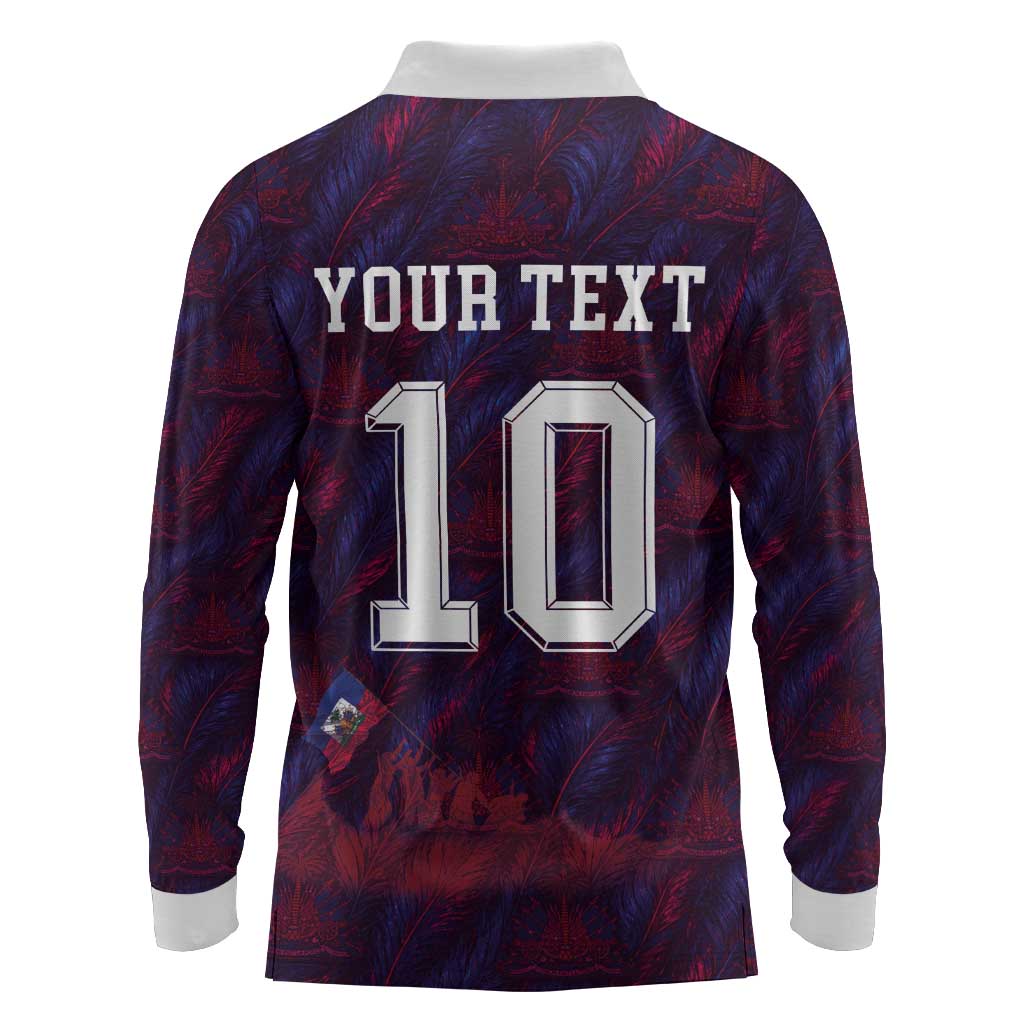 Custom Haiti National Football Long Sleeve Polo Shirt Les Grenadiers Feather Pattern Coat Of Arms Art