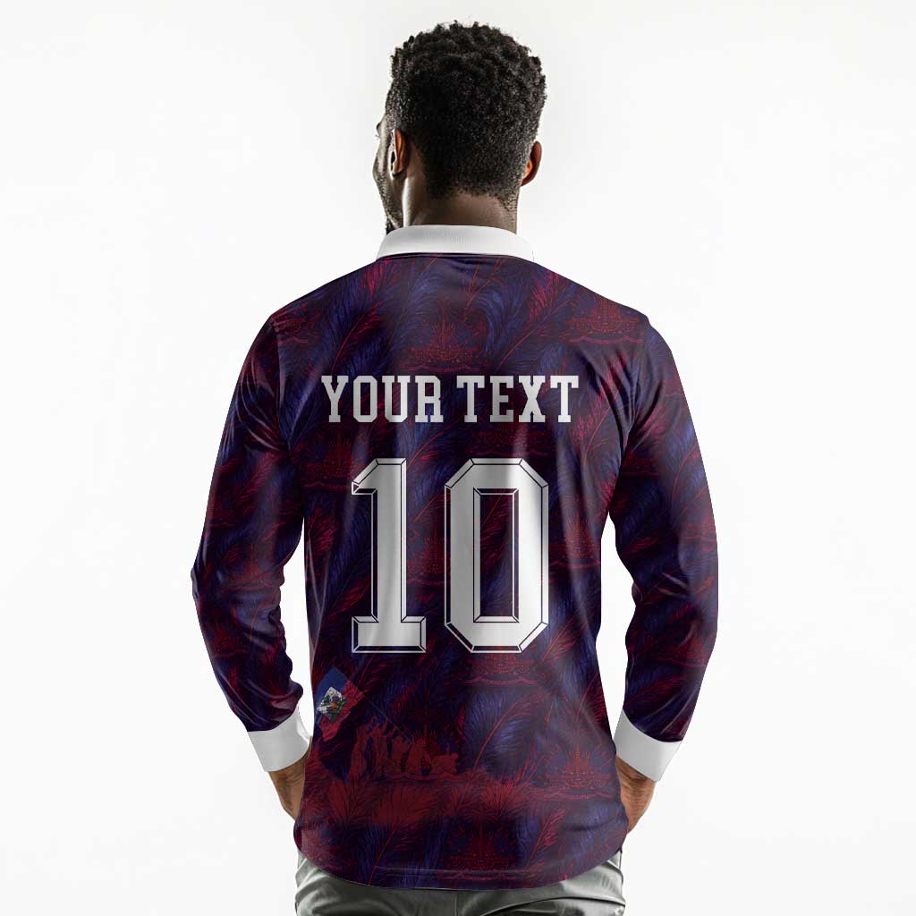 Custom Haiti National Football Long Sleeve Polo Shirt Les Grenadiers Feather Pattern Coat Of Arms Art