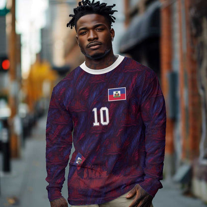 Custom Haiti National Football Long Sleeve Shirt Les Grenadiers Feather Pattern Coat Of Arms Art