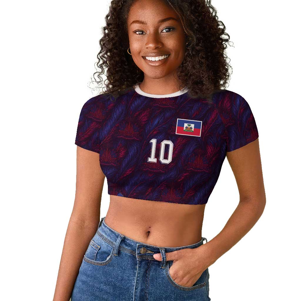 Custom Haiti National Football Raglan Cropped T shirt Les Grenadiers Feather Pattern Coat Of Arms Art