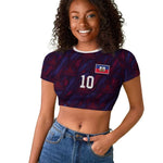 Custom Haiti National Football Raglan Cropped T shirt Les Grenadiers Feather Pattern Coat Of Arms Art