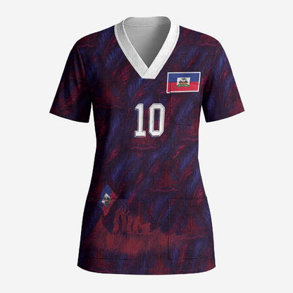 Custom Haiti National Football Scrub Top Les Grenadiers Feather Pattern Coat Of Arms Art