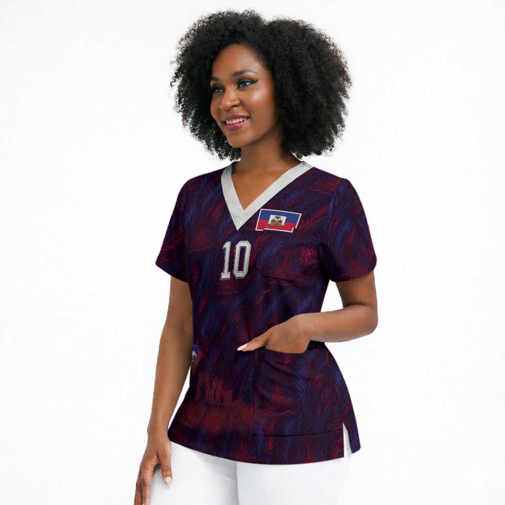 Custom Haiti National Football Scrub Top Les Grenadiers Feather Pattern Coat Of Arms Art