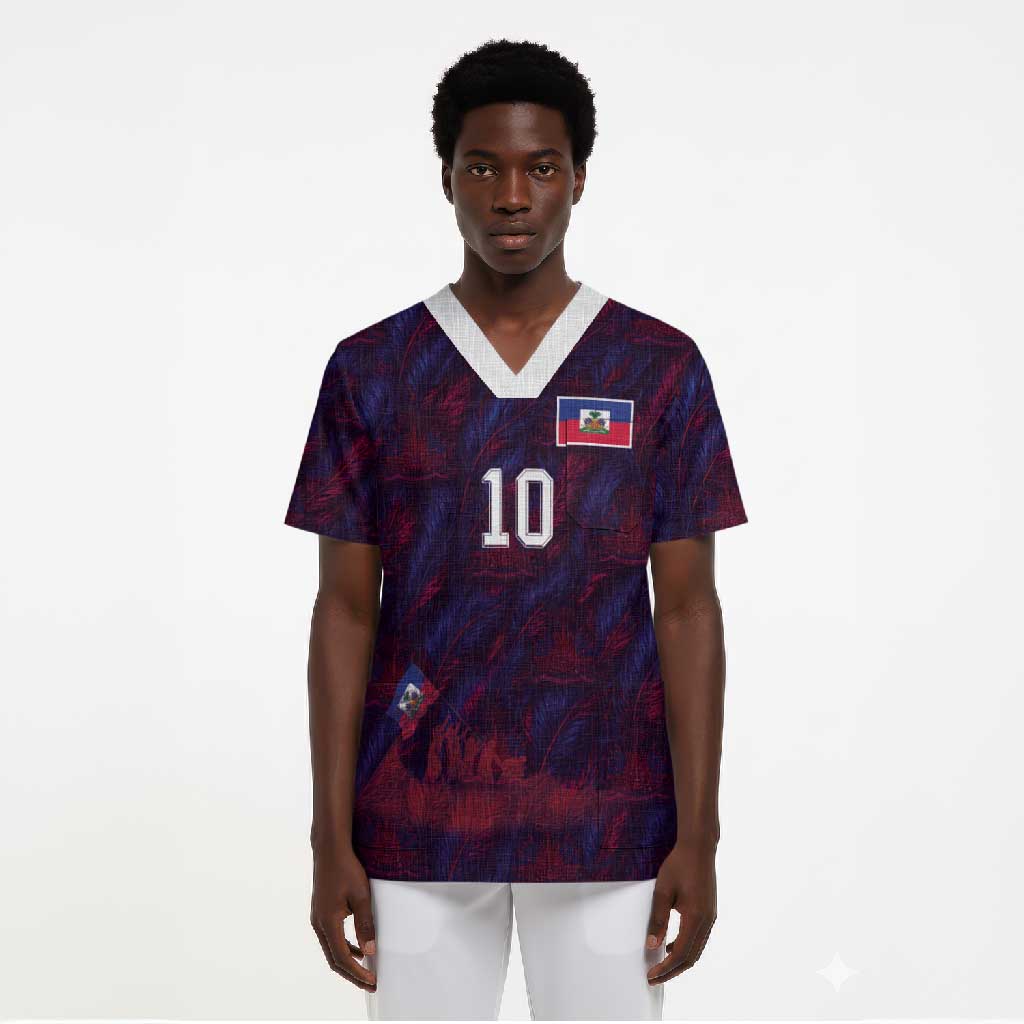Custom Haiti National Football Scrub Top Les Grenadiers Feather Pattern Coat Of Arms Art