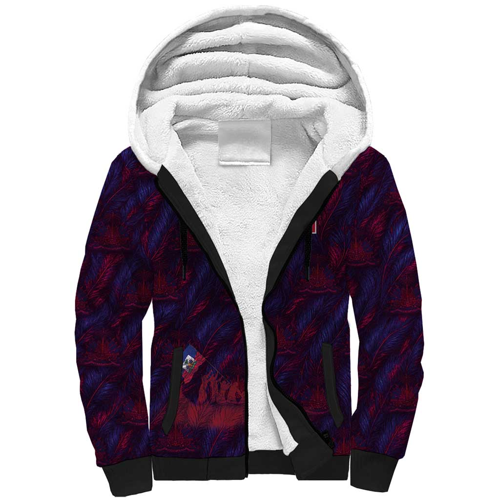 Custom Haiti National Football Sherpa Hoodie Les Grenadiers Feather Pattern Coat Of Arms Art