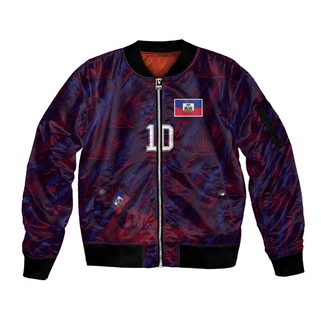Custom Haiti National Football Sleeve Zip Bomber Jacket Les Grenadiers Feather Pattern Coat Of Arms Art