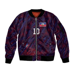 Custom Haiti National Football Sleeve Zip Bomber Jacket Les Grenadiers Feather Pattern Coat Of Arms Art