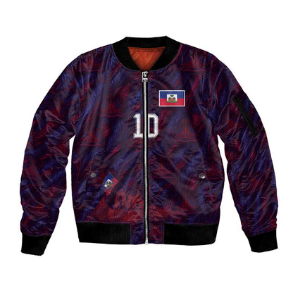 Custom Haiti National Football Sleeve Zip Bomber Jacket Les Grenadiers Feather Pattern Coat Of Arms Art