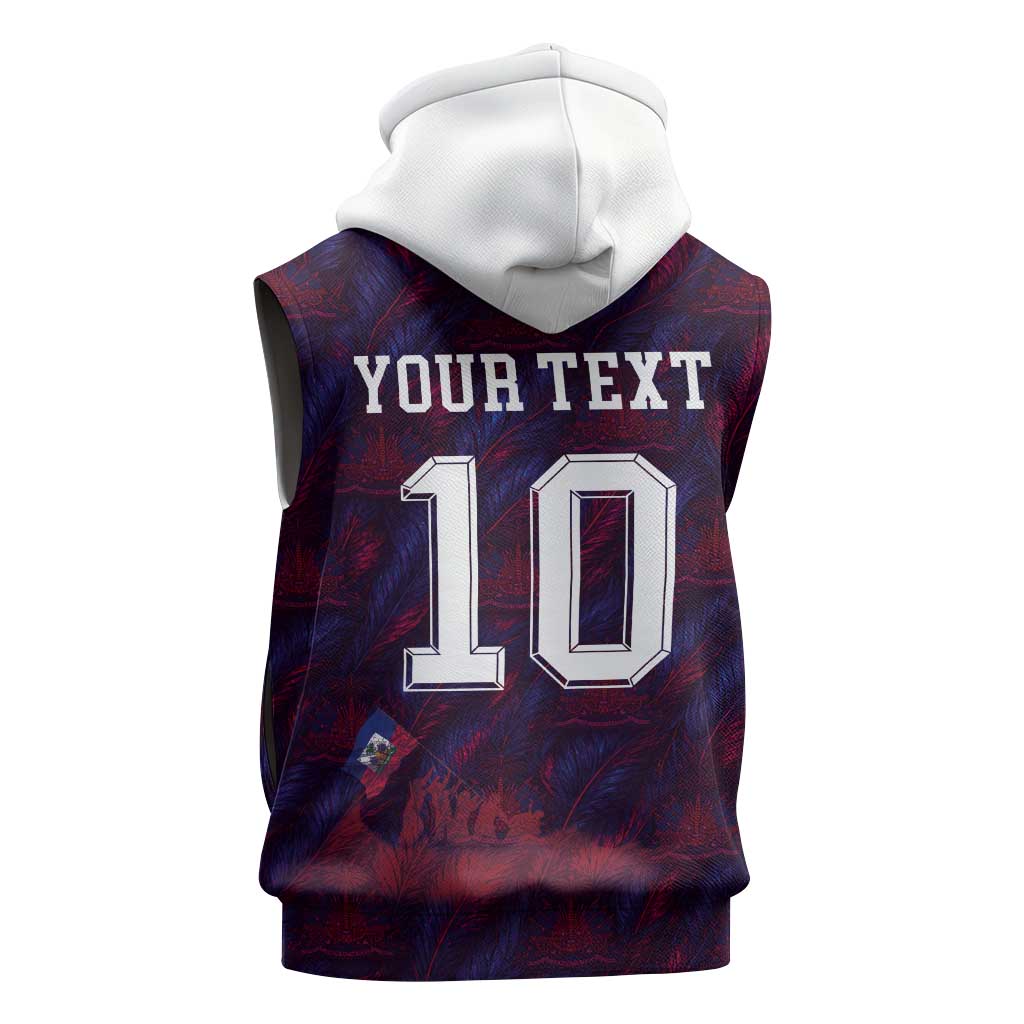 Custom Haiti National Football Sleeveless Hoodie Les Grenadiers Feather Pattern Coat Of Arms Art