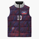 Custom Haiti National Football Sleeveless Puffer Jacket Les Grenadiers Feather Pattern Coat Of Arms Art