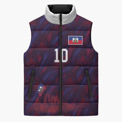 Custom Haiti National Football Sleeveless Puffer Jacket Les Grenadiers Feather Pattern Coat Of Arms Art