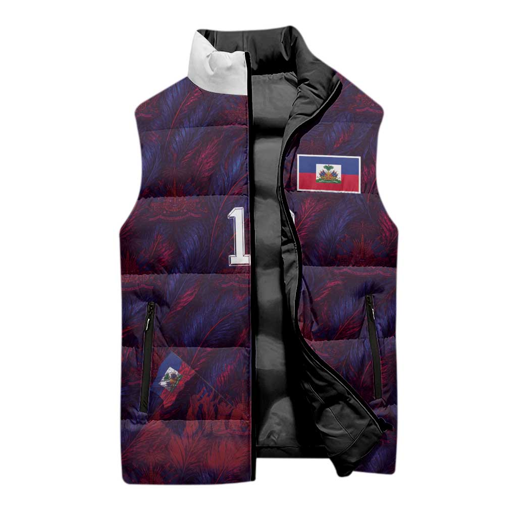 Custom Haiti National Football Sleeveless Puffer Jacket Les Grenadiers Feather Pattern Coat Of Arms Art