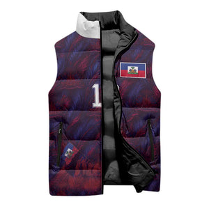 Custom Haiti National Football Sleeveless Puffer Jacket Les Grenadiers Feather Pattern Coat Of Arms Art