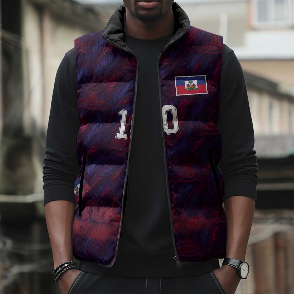 Custom Haiti National Football Sleeveless Puffer Jacket Les Grenadiers Feather Pattern Coat Of Arms Art