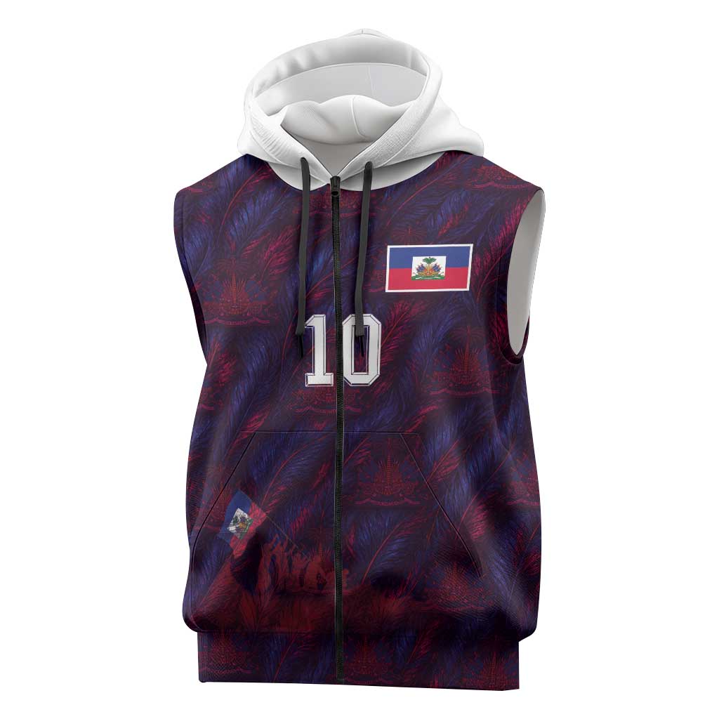 Custom Haiti National Football Sleeveless Zip Hoodie Les Grenadiers Feather Pattern Coat Of Arms Art
