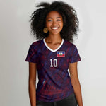 Custom Haiti National Football Women V-Neck T-Shirt Les Grenadiers Feather Pattern Coat Of Arms Art